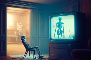 Squelette devant television